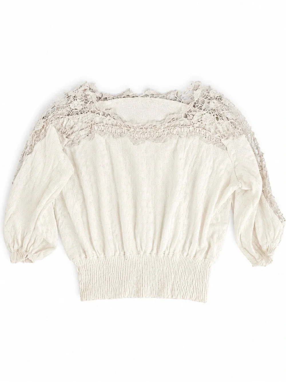 Free People Cream Crochet Yoke Smocked Waist Top